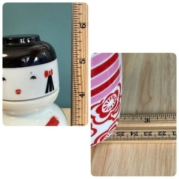 Vintage Kikkoman Kokeshi Doll Sake Bottle Cap With Red Floral Design Porcelain J - Picture 10 of 10